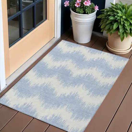 Sky Blue And Ivory Chevron Washable Indoor Outdoor Area Rug Photo 1