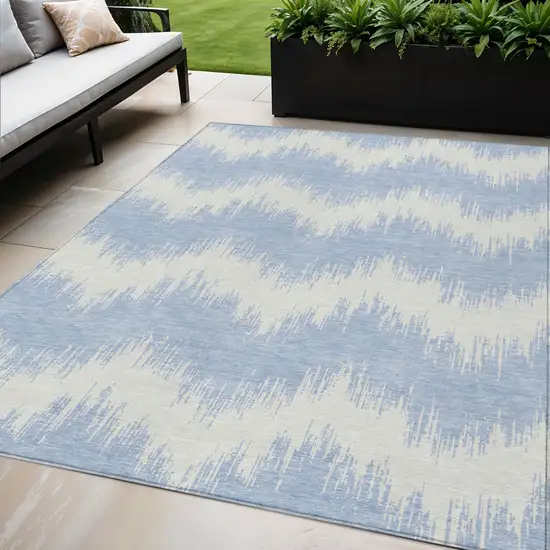 Sky Blue And Ivory Chevron Washable Indoor Outdoor Area Rug Photo 1
