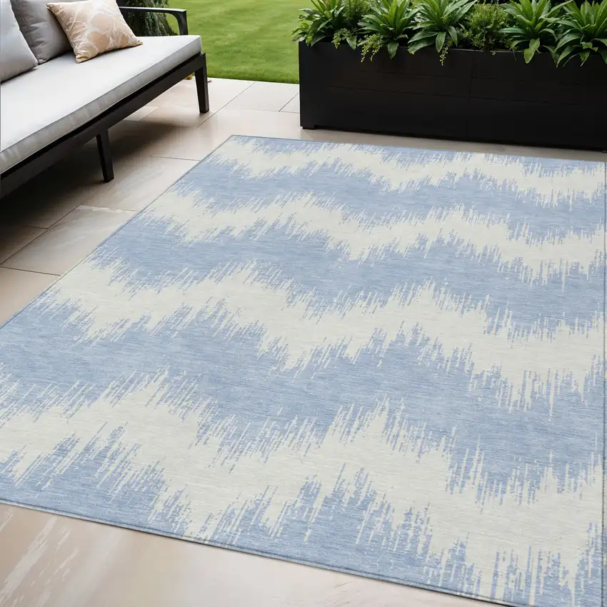 Sky Blue And Ivory Chevron Washable Indoor Outdoor Area Rug Photo 1
