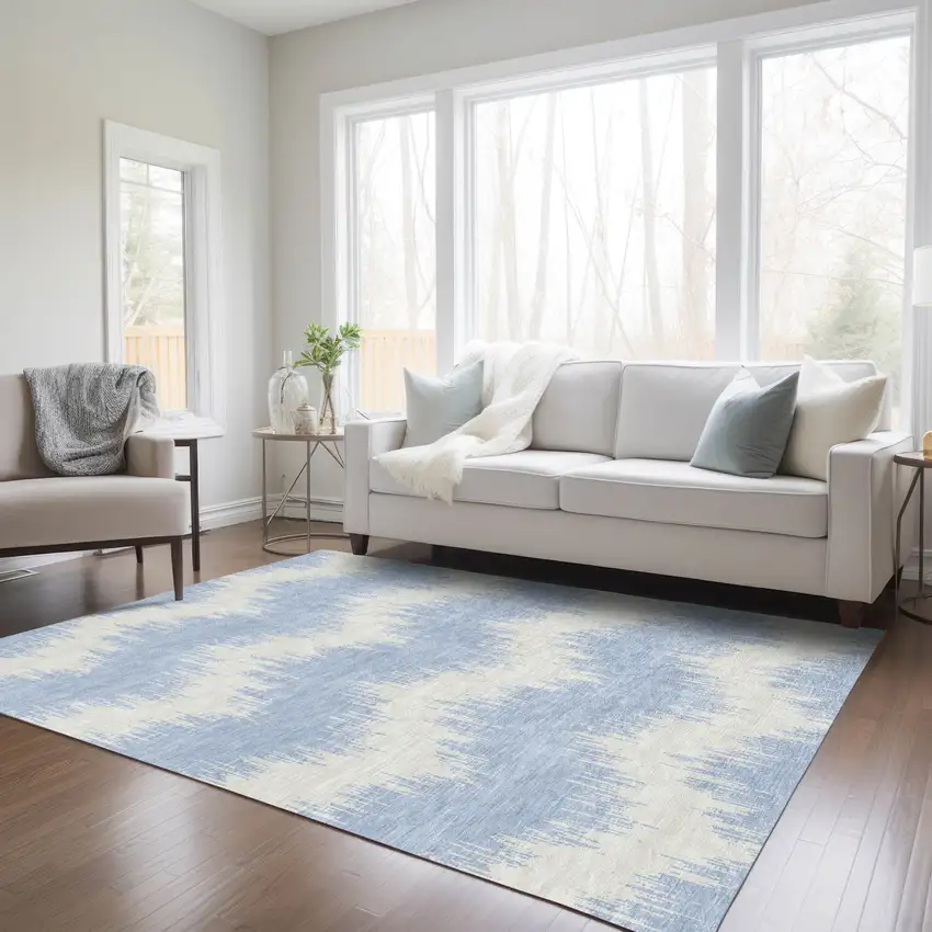 Sky Blue And Ivory Chevron Washable Indoor Outdoor Area Rug Photo 9