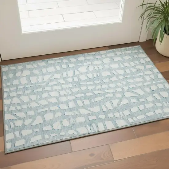 Sky Blue And Ivory Cobblestone Washable Area Rug With UV Protection Photo 2