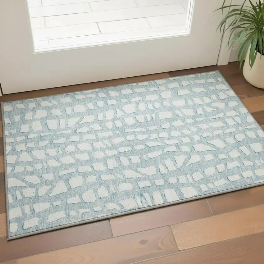 Sky Blue And Ivory Cobblestone Washable Area Rug With UV Protection Photo 2