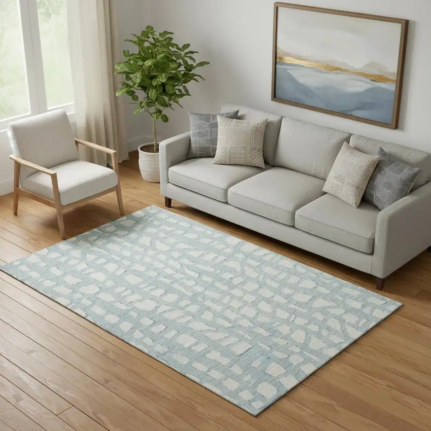 Sky Blue And Ivory Cobblestone Washable Area Rug With UV Protection Photo 1