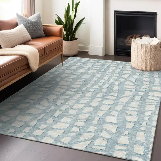 Sky Blue And Ivory Cobblestone Washable Area Rug With UV Protection Photo 6