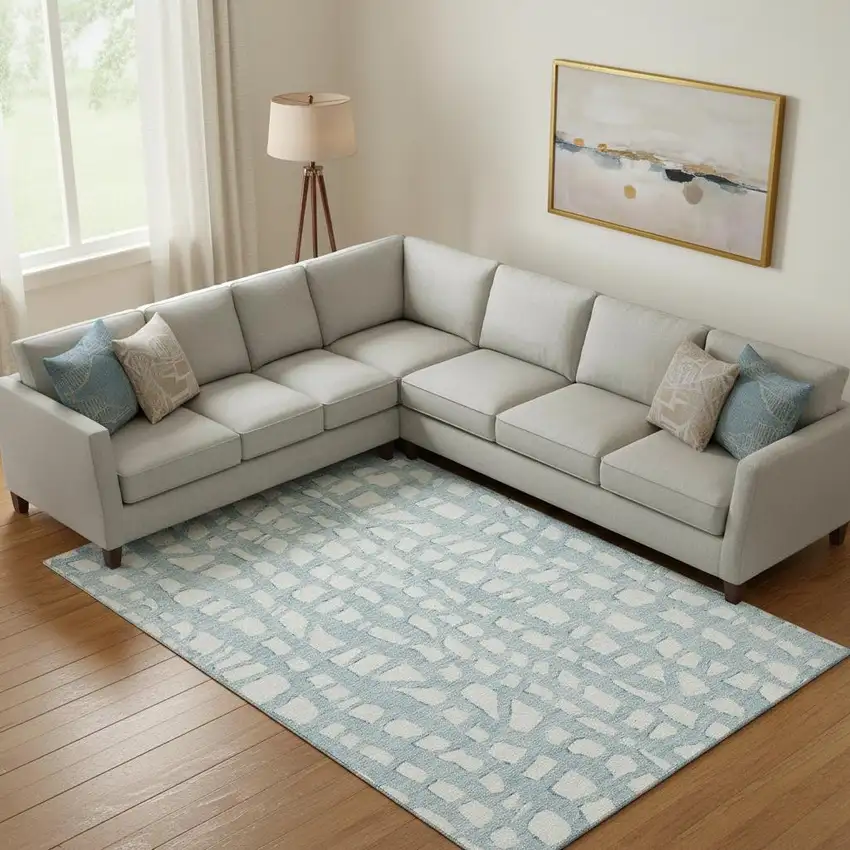 Sky Blue And Ivory Cobblestone Washable Area Rug With UV Protection Photo 1