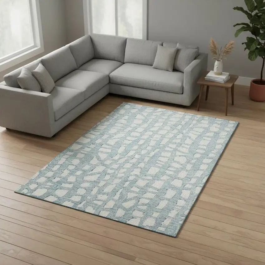 Sky Blue And Ivory Cobblestone Washable Area Rug With UV Protection Photo 2