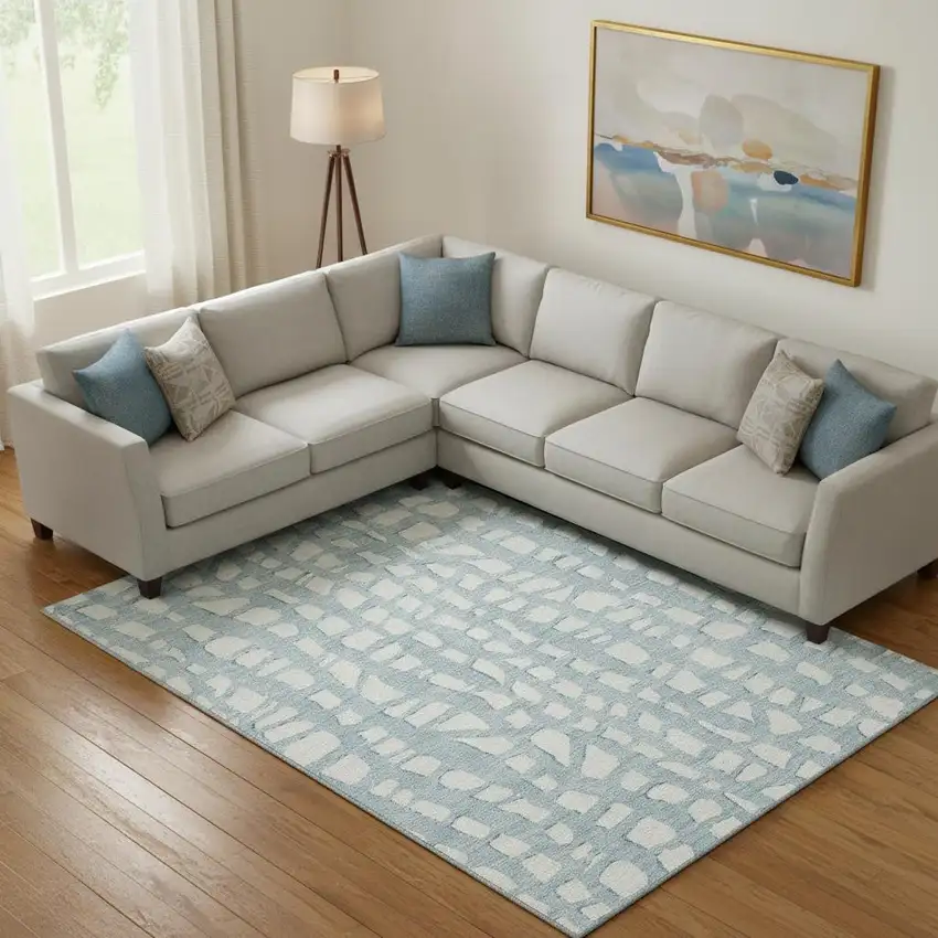 Sky Blue And Ivory Cobblestone Washable Area Rug With UV Protection Photo 1