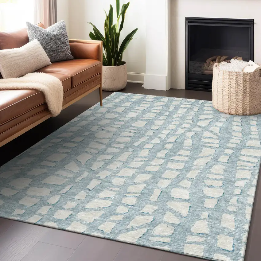 Sky Blue And Ivory Cobblestone Washable Area Rug With UV Protection Photo 6