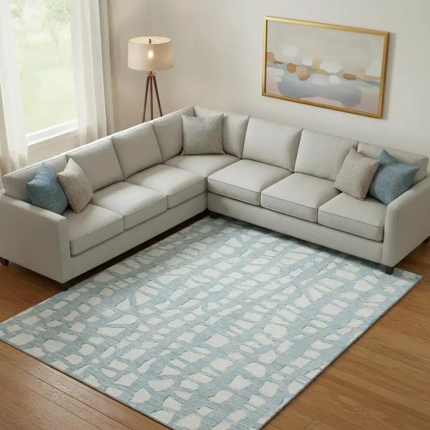 Sky Blue And Ivory Cobblestone Washable Area Rug With UV Protection Photo 1