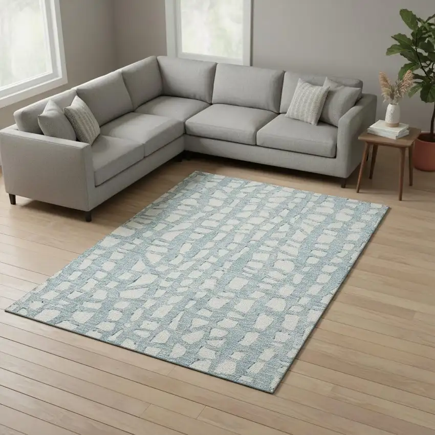 Sky Blue And Ivory Cobblestone Washable Area Rug With UV Protection Photo 2