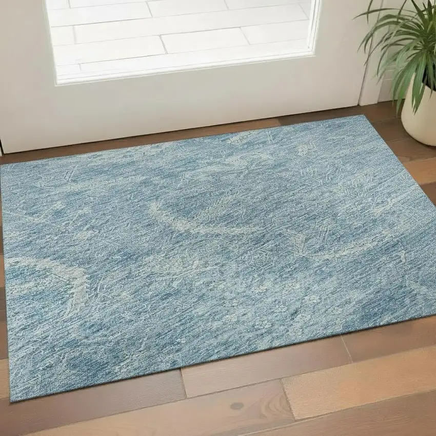 Sky Blue And Ivory Damask Washable Area Rug With UV Protection Photo 2