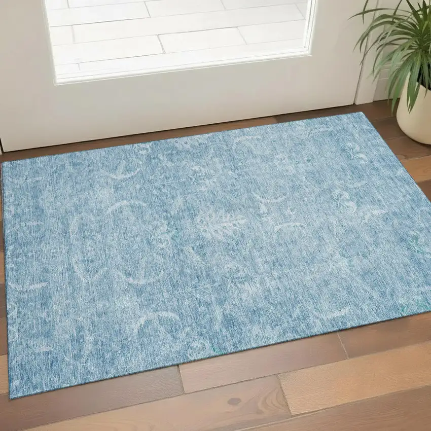 Sky Blue And Ivory Damask Washable Area Rug With UV Protection Photo 1