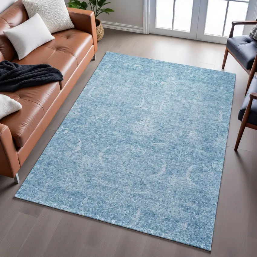 Sky Blue And Ivory Damask Washable Area Rug With UV Protection Photo 5