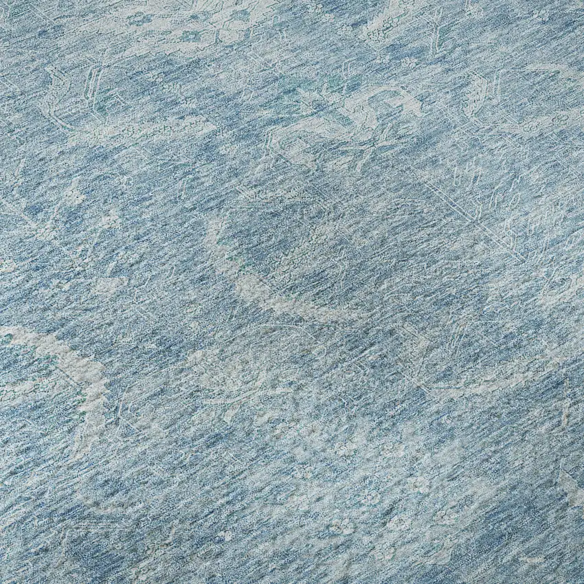 Sky Blue And Ivory Damask Washable Area Rug With UV Protection Photo 1