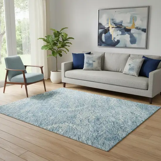 Sky Blue And Ivory Damask Washable Area Rug With UV Protection Photo 2