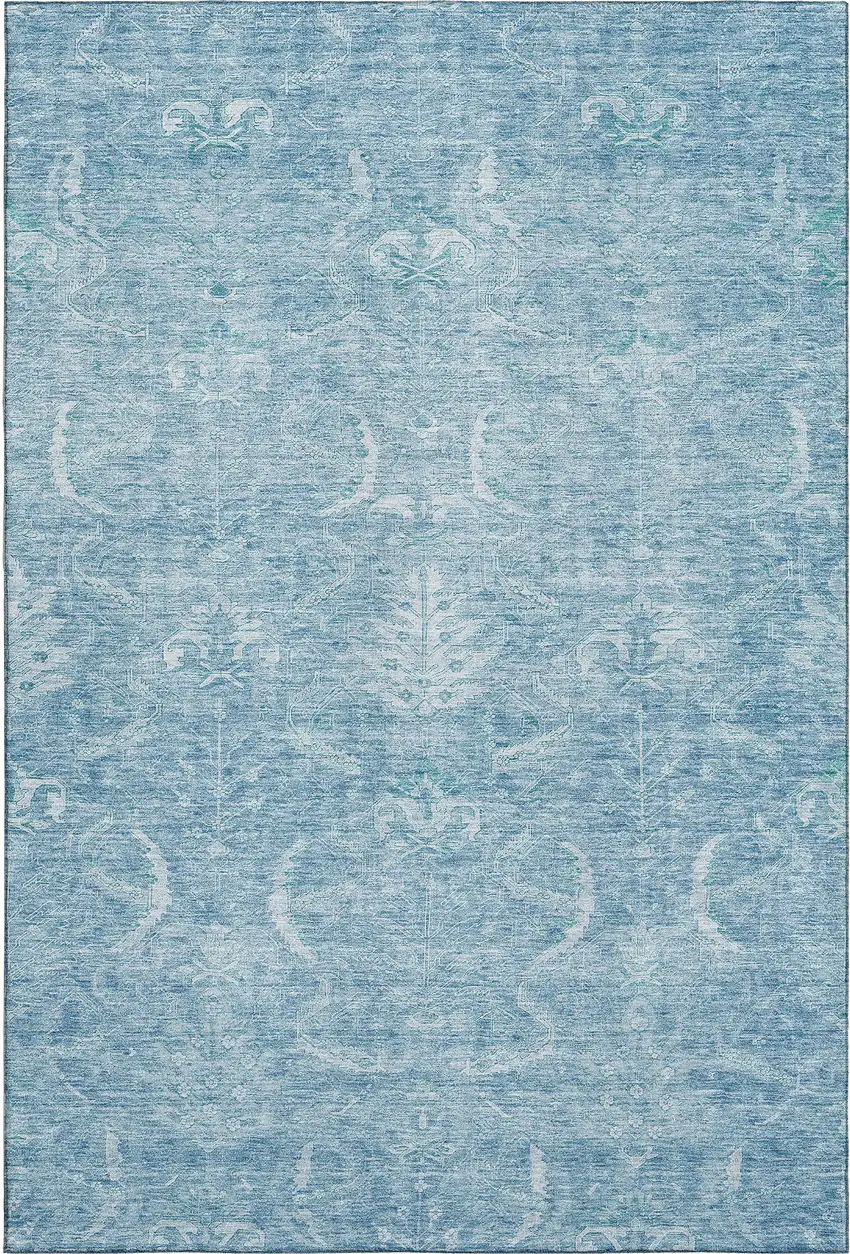 Sky Blue And Ivory Damask Washable Area Rug With UV Protection Photo 6