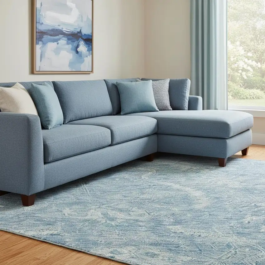 Sky Blue And Ivory Damask Washable Area Rug With UV Protection Photo 2