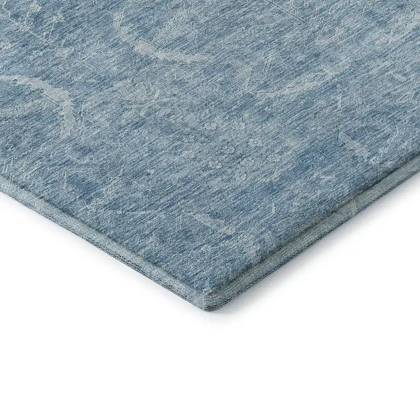 Sky Blue And Ivory Damask Washable Area Rug With UV Protection Photo 8