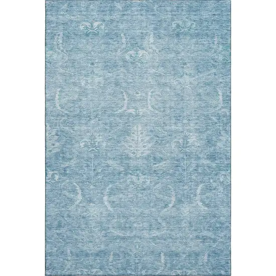 Sky Blue And Ivory Damask Washable Area Rug With UV Protection Photo 6