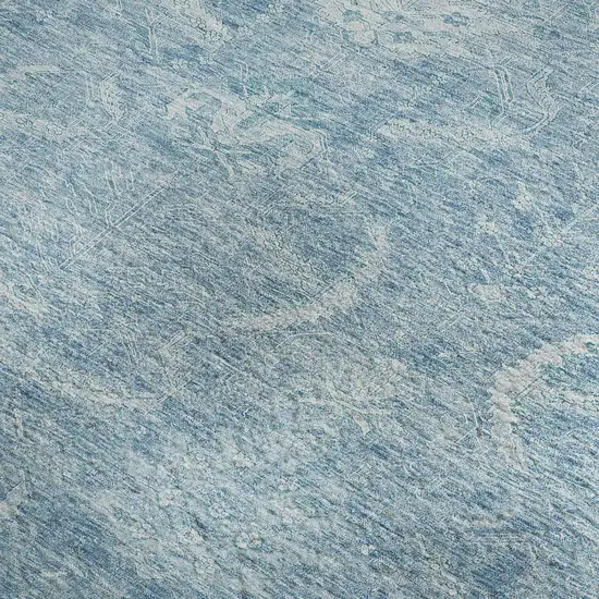 Sky Blue And Ivory Damask Washable Area Rug With UV Protection Photo 3