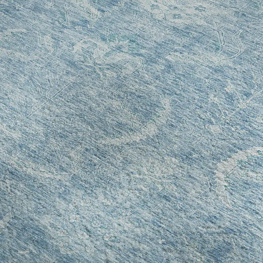 Sky Blue And Ivory Damask Washable Area Rug With UV Protection Photo 3