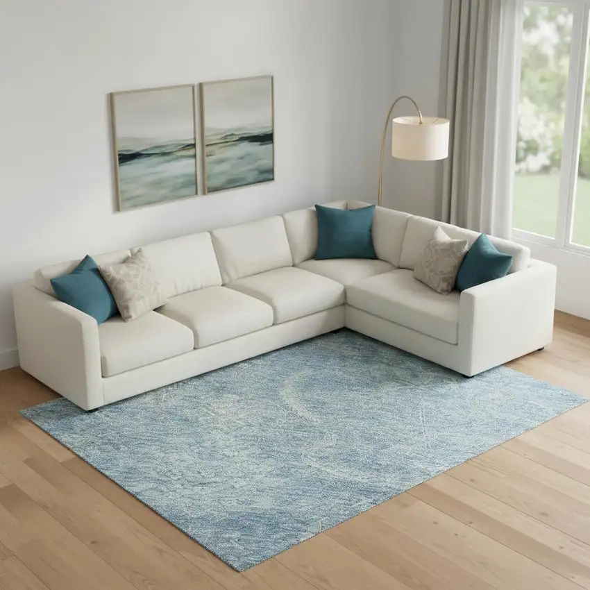 Sky Blue And Ivory Damask Washable Area Rug With UV Protection Photo 2