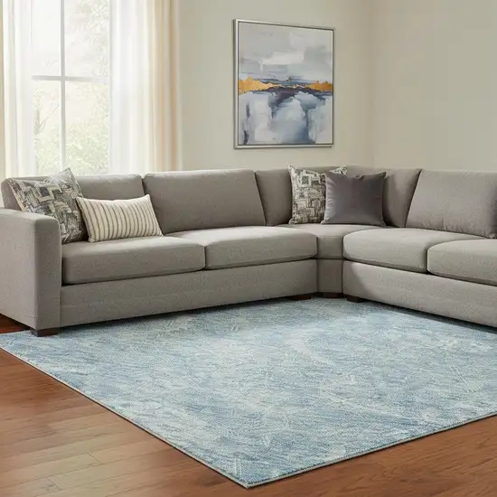 Sky Blue And Ivory Damask Washable Area Rug With UV Protection Photo 2