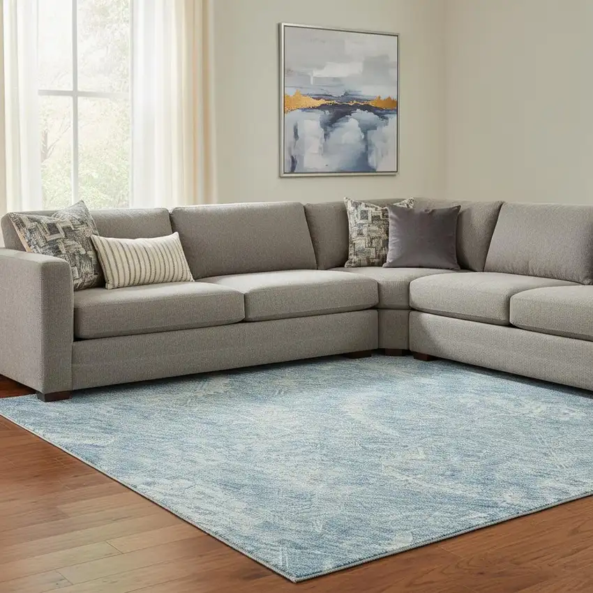 Sky Blue And Ivory Damask Washable Area Rug With UV Protection Photo 2