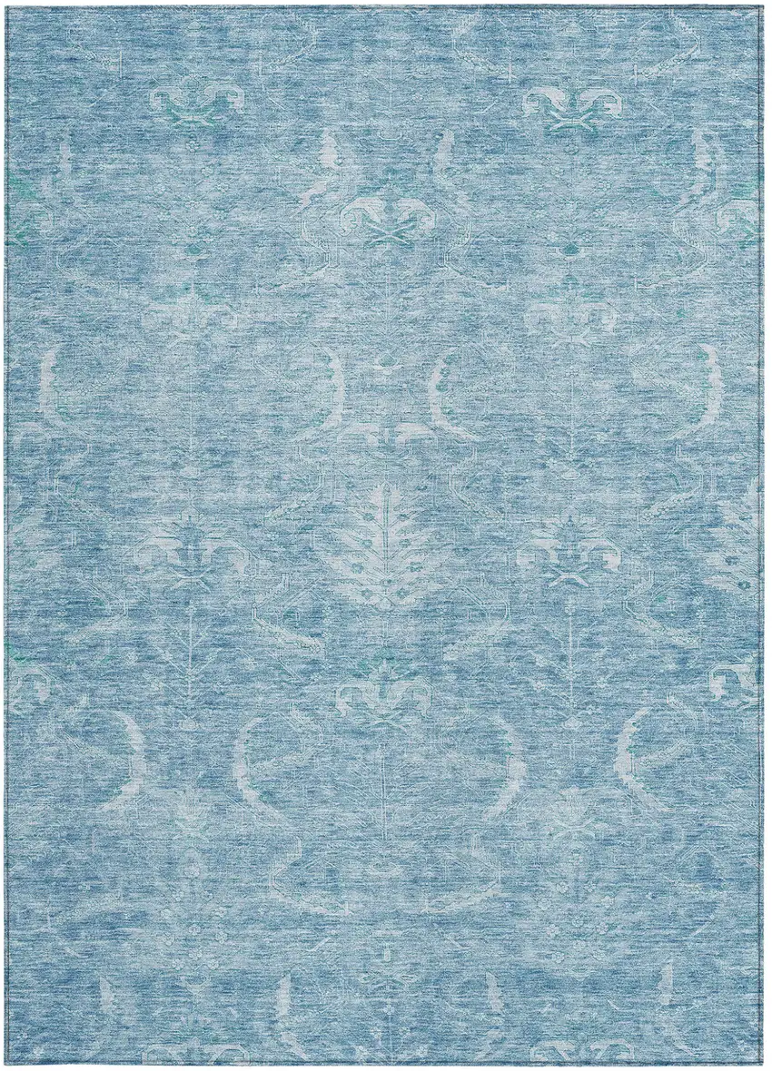 Sky Blue And Ivory Damask Washable Indoor Outdoor Area Rug Photo 5