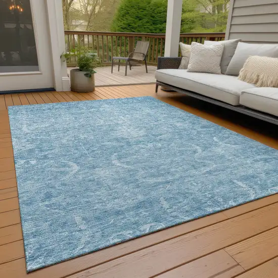 Sky Blue And Ivory Damask Washable Indoor Outdoor Area Rug Photo 9