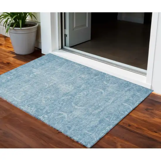 Sky Blue And Ivory Damask Washable Indoor Outdoor Area Rug Photo 1
