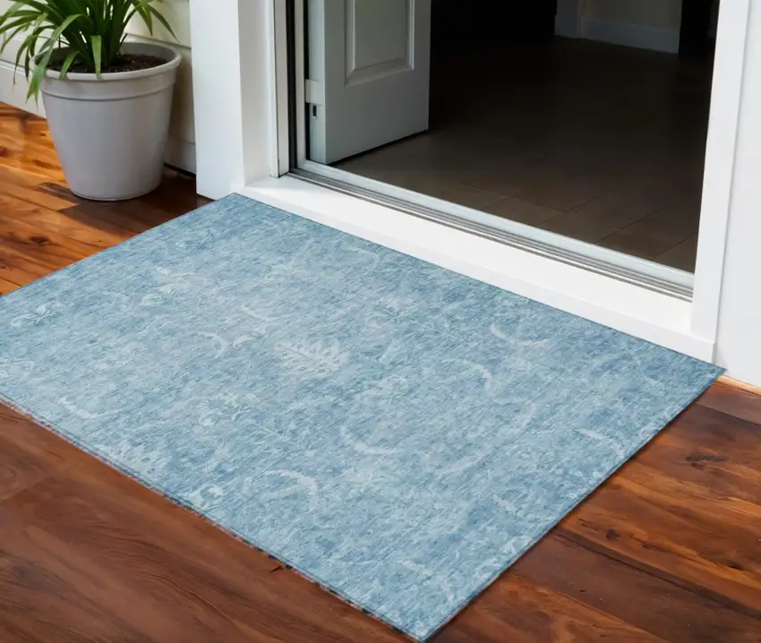 Sky Blue And Ivory Damask Washable Indoor Outdoor Area Rug Photo 1