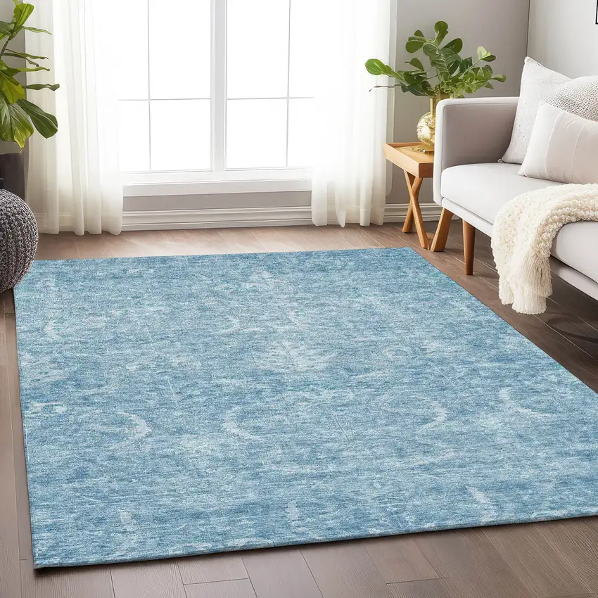 Sky Blue And Ivory Damask Washable Indoor Outdoor Area Rug Photo 7