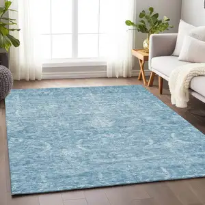 Photo of Sky Blue And Ivory Damask Washable Indoor Outdoor Area Rug