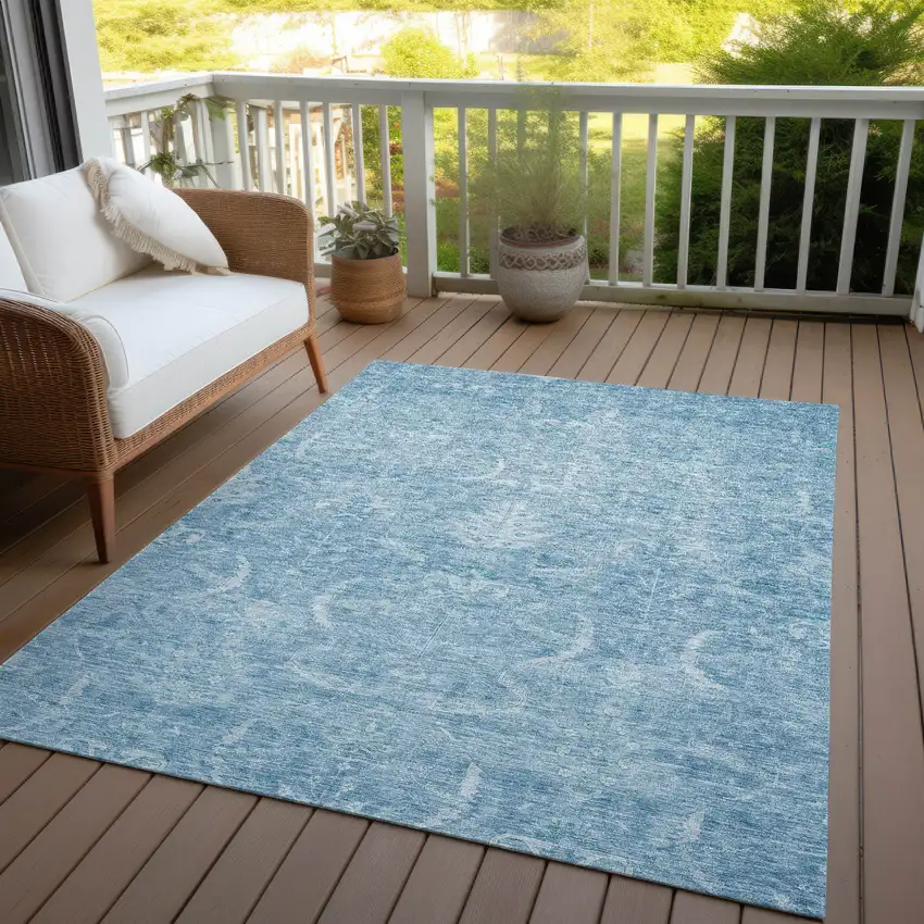 Sky Blue And Ivory Damask Washable Indoor Outdoor Area Rug Photo 7