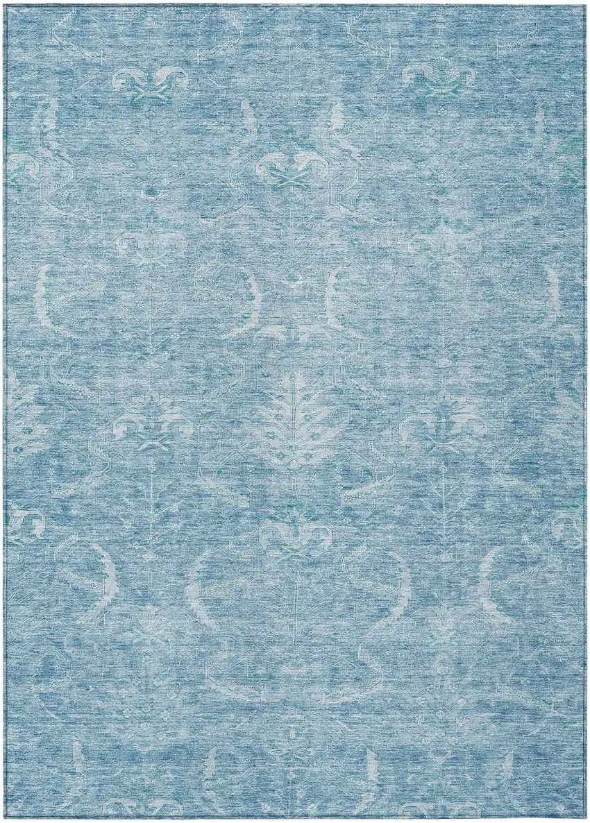 Sky Blue And Ivory Damask Washable Indoor Outdoor Area Rug Photo 2