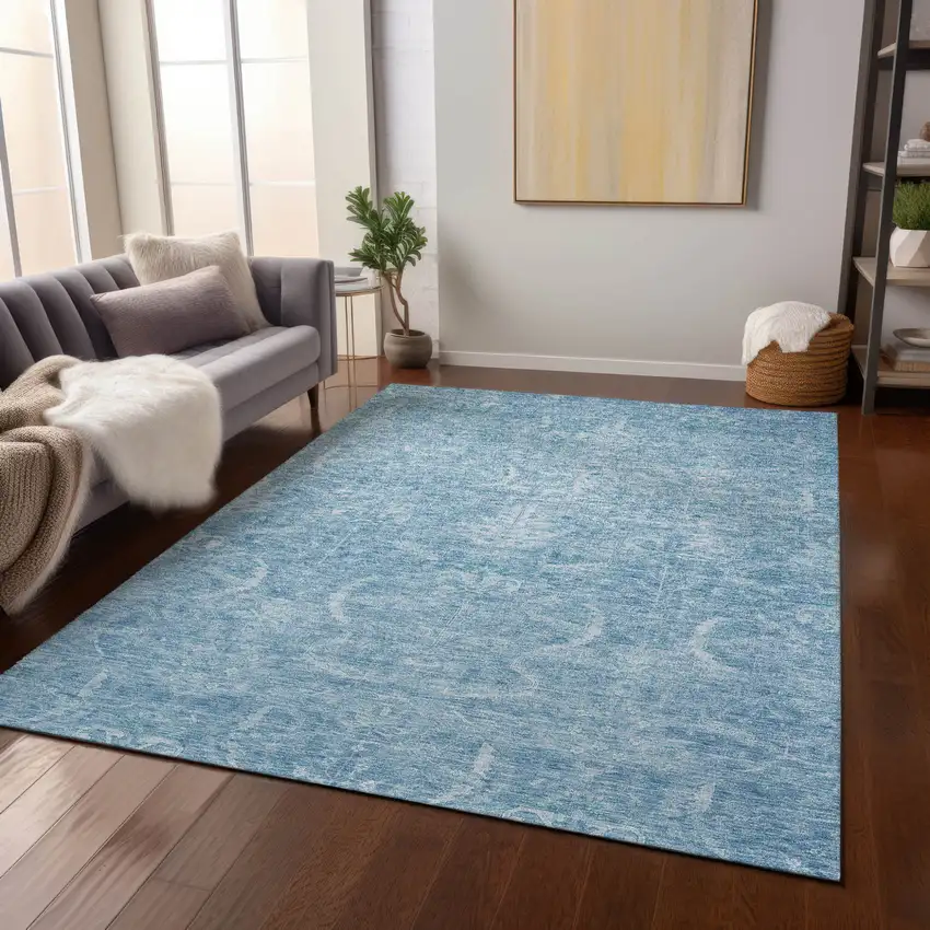 Sky Blue And Ivory Damask Washable Indoor Outdoor Area Rug Photo 9