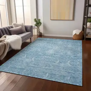 Photo of Sky Blue And Ivory Damask Washable Indoor Outdoor Area Rug
