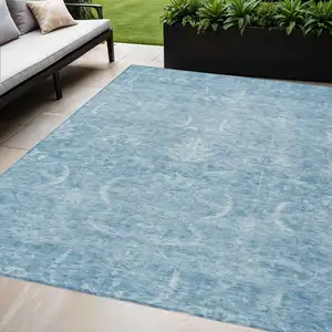 Photo of Sky Blue And Ivory Damask Washable Indoor Outdoor Area Rug