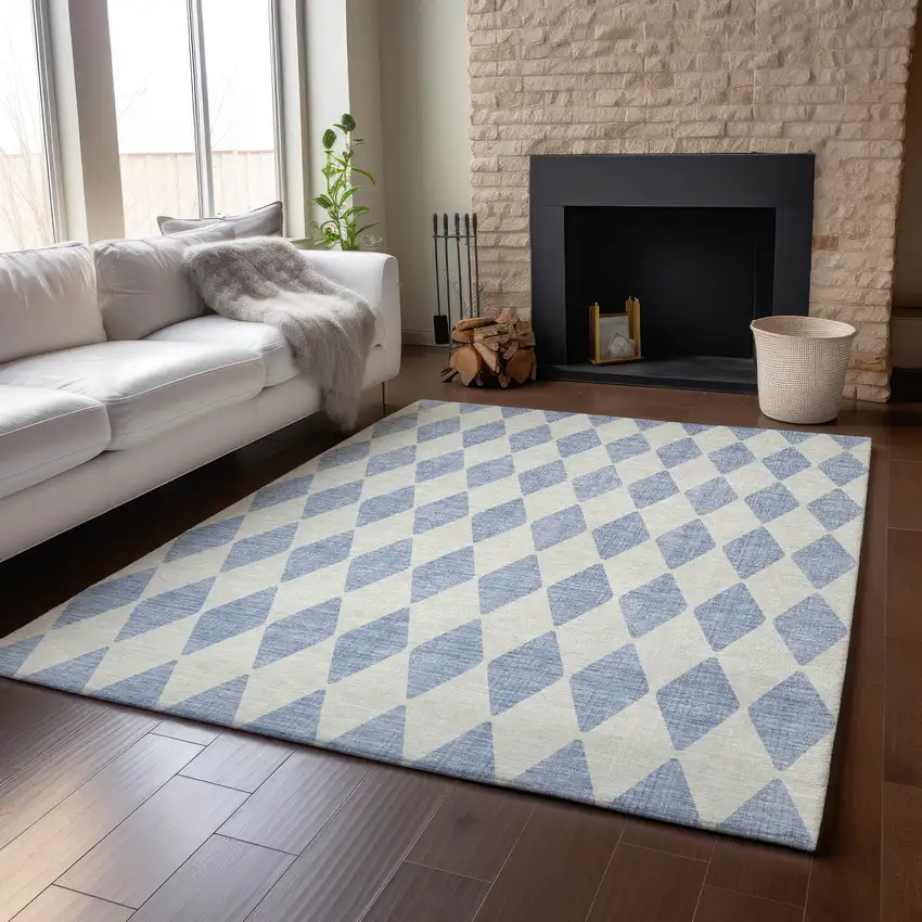 Sky Blue And Ivory Diamond Washable Area Rug With UV Protection Photo 4