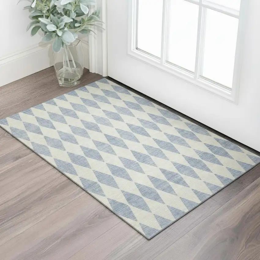 Sky Blue And Ivory Diamond Washable Area Rug With UV Protection Photo 1