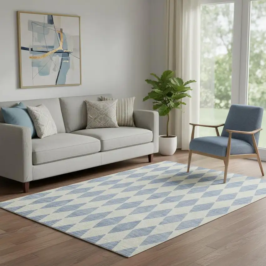 Sky Blue And Ivory Diamond Washable Area Rug With UV Protection Photo 1