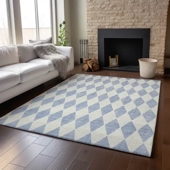 Sky Blue And Ivory Diamond Washable Area Rug With UV Protection Photo 4