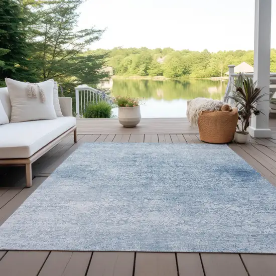 Sky Blue And Ivory Floral Medallion Washable Indoor Outdoor Area Rug Photo 4