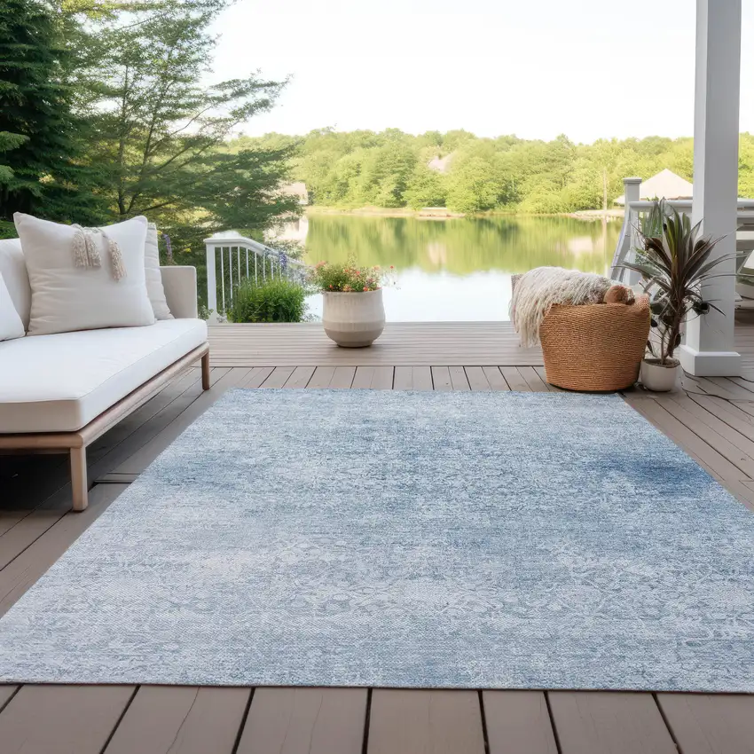 Sky Blue And Ivory Floral Medallion Washable Indoor Outdoor Area Rug Photo 4