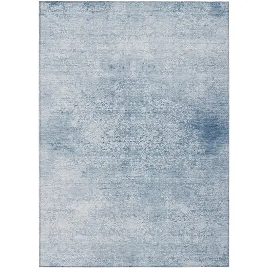 Sky Blue And Ivory Floral Medallion Washable Indoor Outdoor Area Rug Photo 8