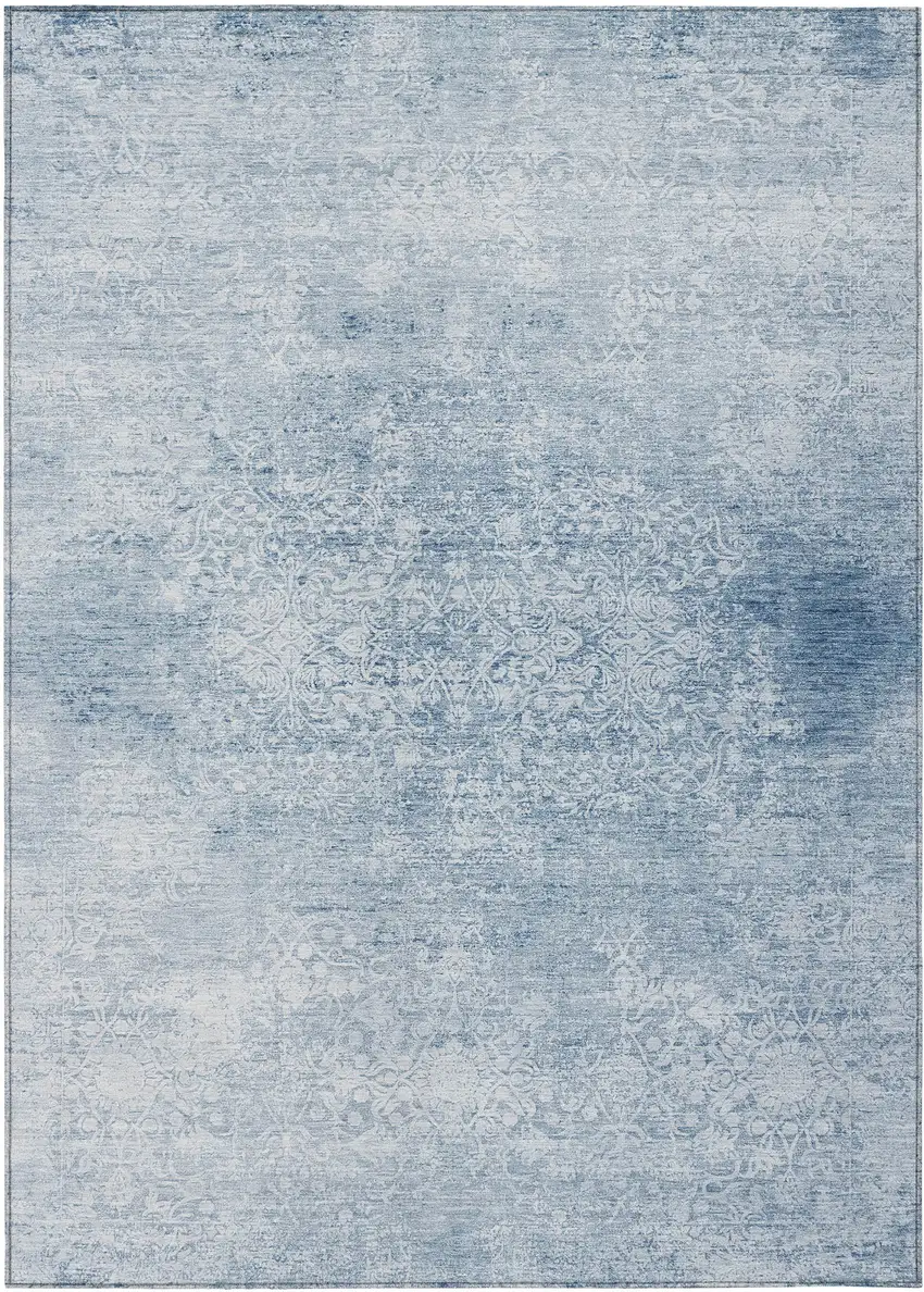 Sky Blue And Ivory Floral Medallion Washable Indoor Outdoor Area Rug Photo 8