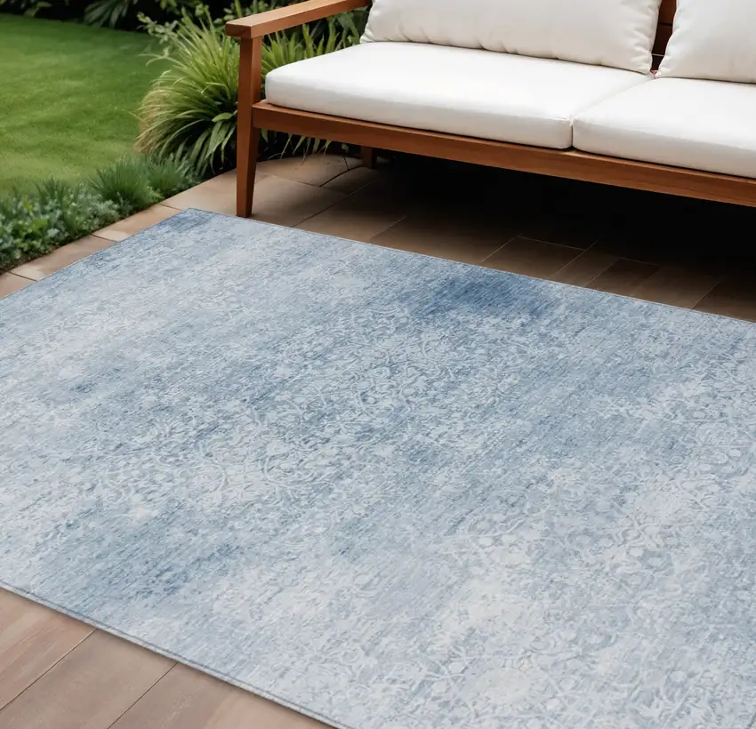 Sky Blue And Ivory Floral Medallion Washable Indoor Outdoor Area Rug Photo 2