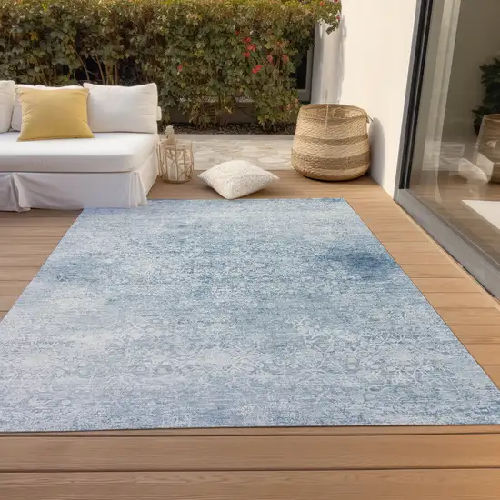 Sky Blue And Ivory Floral Medallion Washable Indoor Outdoor Area Rug Photo 7