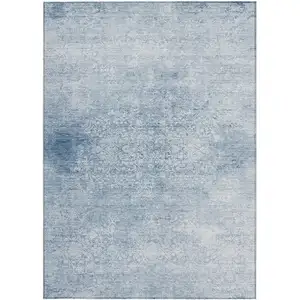Photo of Sky Blue And Ivory Floral Medallion Washable Indoor Outdoor Area Rug